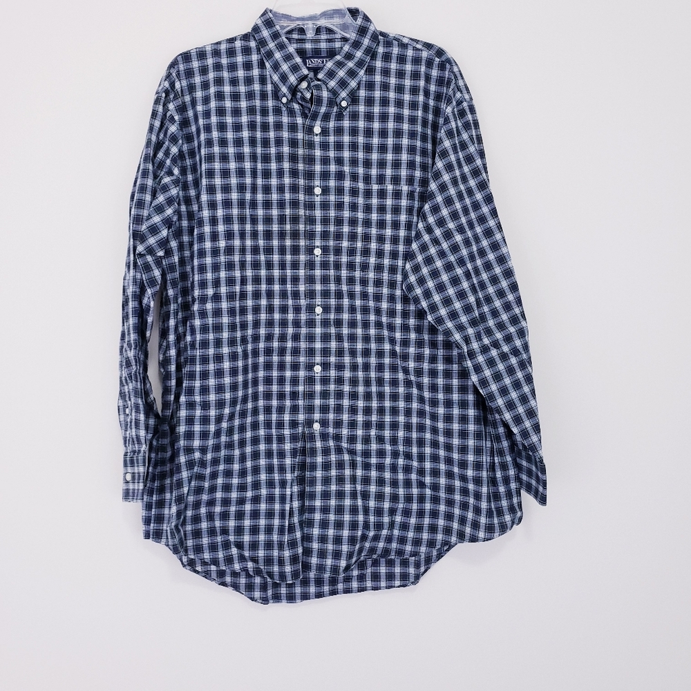 Lands End Vintage Long Sleeve Blue Green Plaid Shirt Classic Mens Large 17.5/33